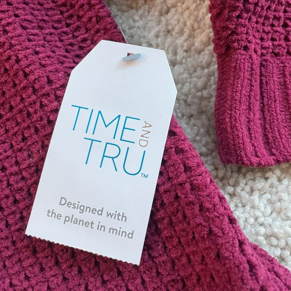 Time and Tru Burgundy Red Soft Chenille Open Front Cardigan Sweater Size Small